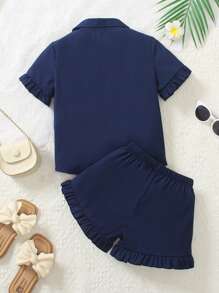 Young Girl 2pcs Set: Short Sleeve Shirt And Matching Color Frill Hem Shorts, Spring/Summer