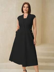 Chikora Đầm công sở trang trí nút thanh lịch cỡ lớn cho nữ - màu đen - Xem 3