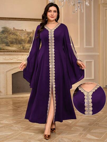 Al Najma Plus Size Women Elegant Arabic Style Embroidered Long Sleeve Dress Islamic Dresses For Women Luxury Dress For Women, Modest Kaftan