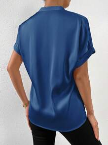 SHEIN Clasi 纯色蝙蝠袖缎面女式衬衫 - 水鴨藍 - 查看 2