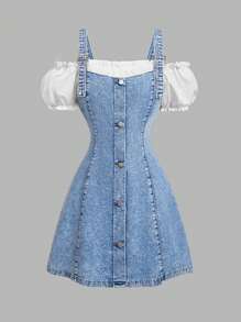 SHEIN MOD 女士牛仔迷你连衣裙，休闲修身拼接款，女士夏季服装，女士夏季连衣裙，女士复活节连衣裙，女士太阳裙，女士度假服装，女士牛仔装，女士节日服装，锐舞派对服装，乡村音乐会服装，女士早午餐服装，牛仔装，下午茶服装，服装 - 淺色水洗藍 - 查看 4