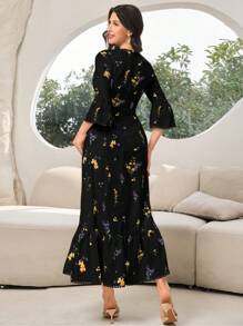 Mulvari Women's Floral Print Flare Sleeve Ruffle Hem Elegant Dress - Black - View 2