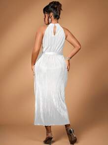 Calvaya Plus Size Women Solid Color Long Maxi Halter Neck Pleated Dress Burgundy Color Women Outfit - White - View 2