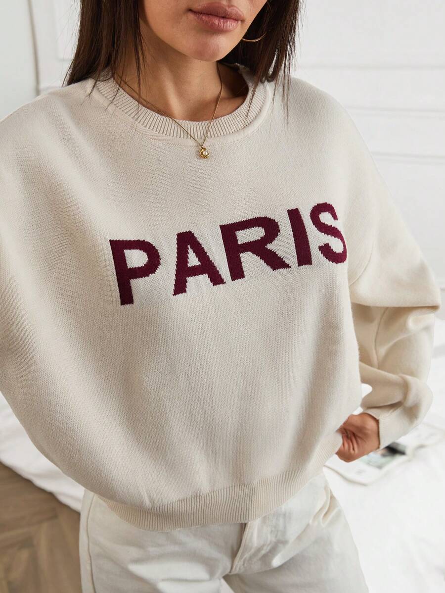 EURMUSE Women Sweater With Emrodiery Paris Design For Winter,Jumper,Cream Jumper,Jumpers,Black Jumper,Womens Jumper,White Jumper,Women's Jumper,Women's Jumpers - Beige - View 1