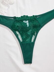 Esselle 2 件套女士刺绣网眼性感内衣套装 - 墨綠色 - 查看 4