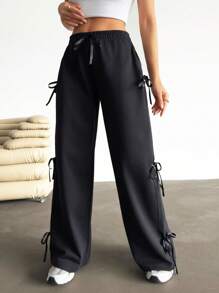 SHEIN PETITE Edgy Comfort: Black Joggers With Satin Side Ribbon Detailing - Black - View 4