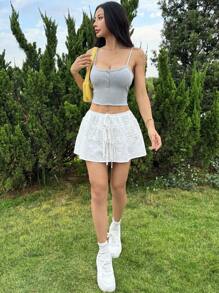 SHEIN EZwear Women Front Tie Up Solid Color Short Casual Skirt - White - View 7