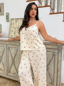CottageSlumber Conjunto de ropa de dormir de camisilla con tirantes finos y pantalón largo de encaje de cereza romántico, talla grande, para vacaciones