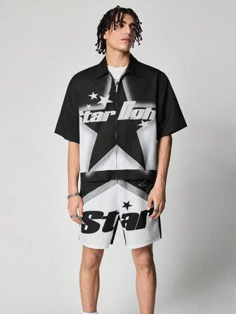 Prep Men's Racing Casual Simple Shirt And Shorts Set, Daily Wear