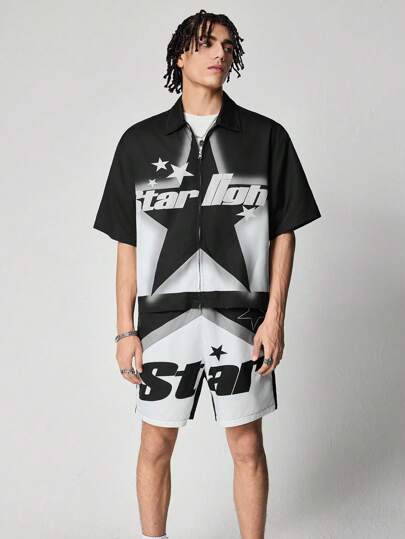 Prep Conjunto de camisa y pantalones cortos casuales y sencillos para hombre, para uso diario