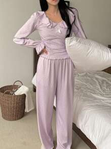 DAZY Ditsy Floral Ruffled Hemline Wavy Edge Design Loose Cropped Top And Straight Leg Loose Pants Set, Sleepwear - Purple - View 3