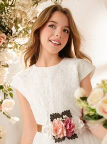 Girls' Elegant Lace Chiffon Patchwork Formal Dress With Champagne Sash Bow, Floral Applique, Suitable For Flower Girl, Wedding, Prom, Versatile - White - View 8