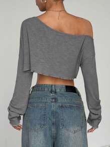 StreetHx 性感不对称领口短款上衣，简约设计，适合夏季 - 淺灰色 - 查看 2