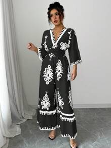 Elenzga Women's Floral Print Bell Sleeve Wide Leg Jumpsuit, Vacation Outfit - Black - View 7