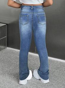 SHEIN Tween 女童夏季 Y2k 街头酷炫简约日常破洞牛仔裤，女童休闲下装，斜口袋，破洞，紧身长款纯色水洗棉质紧身女童牛仔裤，女童春夏装街头服饰 - 淺色水洗藍 - 查看 2