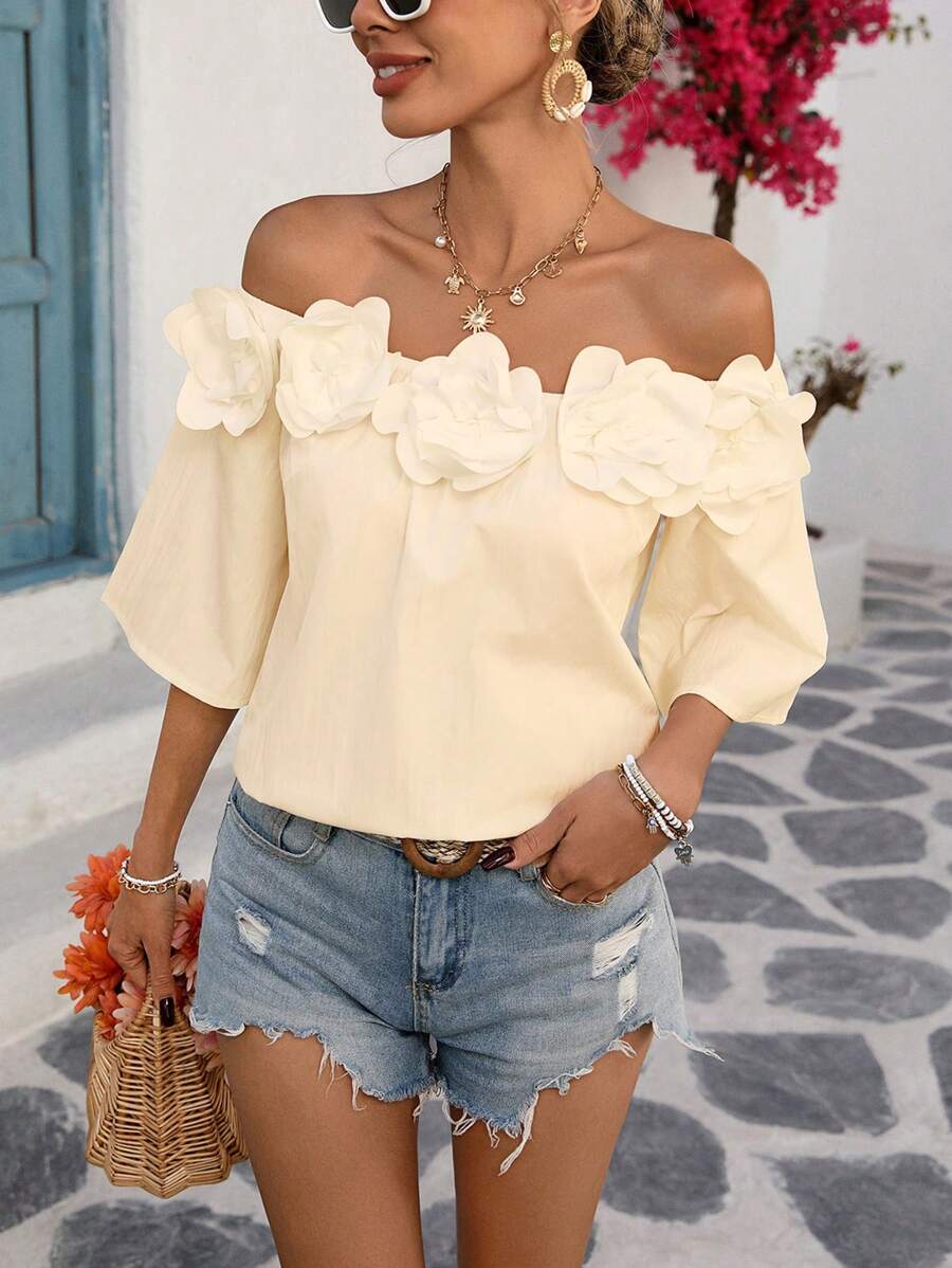 Breezaya Women's Casual Vacation Loose Off Shoulder Decor 3D Flower 3/4 Sleeve Blouse, Spring/Summer - Apricot - View 1