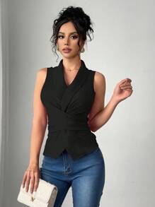 Chiquease 无袖优雅女式衬衫，带围脖领、褶皱后背和腰部收紧设计，纹理面料吊带背心