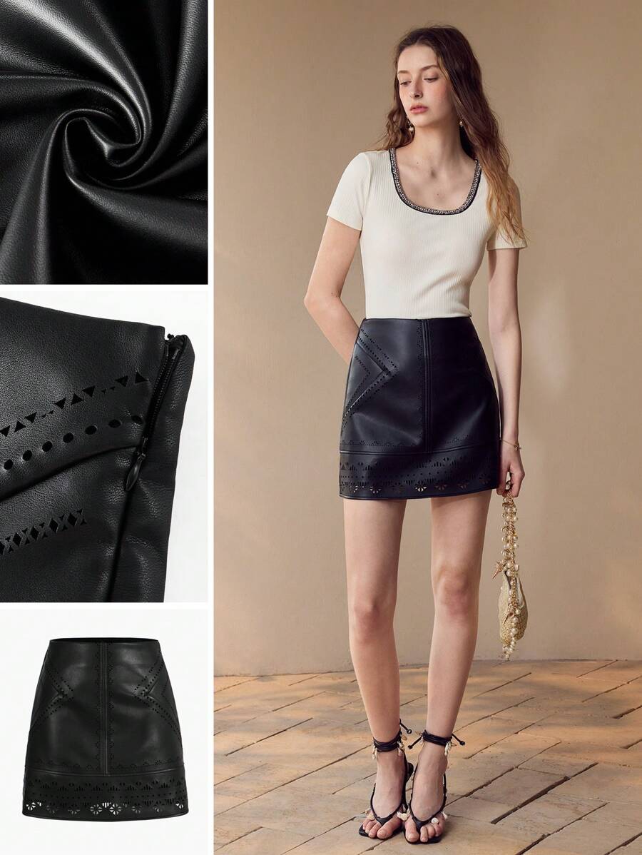 MOTF PREMIUM HOLLOW OUT A LINE SKIRT,SPRING/SUMMER - Black - View 1