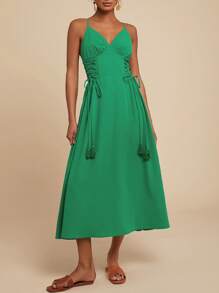 Travachic Robe longue de type slip unie et tissée pour femmes - Vert - Voir 1