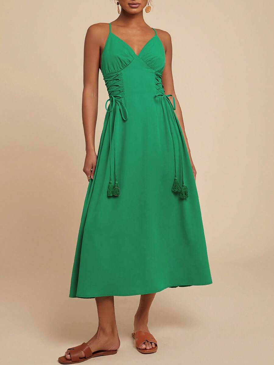 Travachic Robe longue de type slip unie et tissée pour femmes - Vert - Voir 1