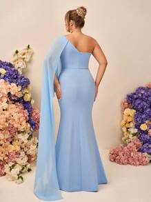 SHEIN Belle Váy phù dâu đuôi cá dài tay bồng bềnh bất đối xứng vai không đối xứng thanh lịch lãng mạn màu xanh cỡ lớn - Màu xanh lam - Xem 7