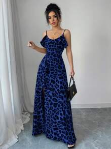 Elenzga Vacation Boho Leopard Print V-Neck Ruffle Hem High Waisted Split Elegant Romantic Dress For Women - Blue - View 3