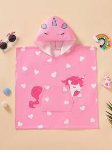 SHEIN Leap Crew Baby Girl Heart & Unicorn Print Hooded Cover-Up For Beach / Vacation - Pink - View 6