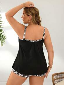 Plus Size Women Leopard Print Black Ribbed Fabric Casual Vacation Racerback Bikini Top For Summer - Black and White - View 3