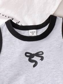 2 件装女孩（小号）可爱蝴蝶结印花灰色圆领舒适背心和黑色工装裤时尚套装 - 灰色 - 查看 3