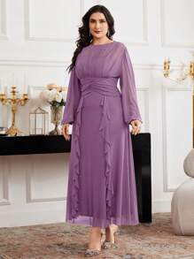 Modelyn 大码女式纯色圆领灯笼袖褶饰下摆优雅连衣裙 - 淺灰紫 - 查看 4
