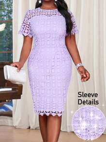 Fleurora 春夏休闲优雅波西米亚风紫色蕾丝圆领修身直筒中长连衣裙婚礼大码连衣裙度假装女士沙滩装女士海滩度假沙滩裙婚礼宾客连衣裙女士商务休闲女士舞会礼服 - 紫色 - 查看 6