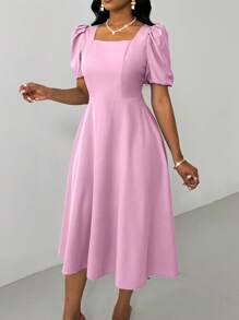 Lyxana Elegante e alla moda vestito blu da donna versatile per uso quotidiano, con scollo quadrato, maniche a palloncino e vita svasata