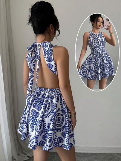 Elenzga Vestido corto sin espalda para mujer, minimalista y de moda, adecuado para el verano