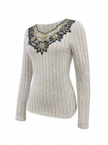 Women Contrast Lace Long Sleeve Ribbed Casual T-Shirt - Khaki - View 4