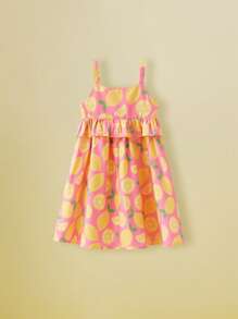 SHEIN Leap Crew Young Girl Lemon Print Ruffle Trim Summer Dress - Multicolor - View 2