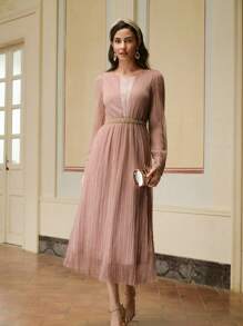 ZEYLAH Women's Long Sleeve Embellished Pleated Midi Dress Without Belt - Rust Brown - View 1