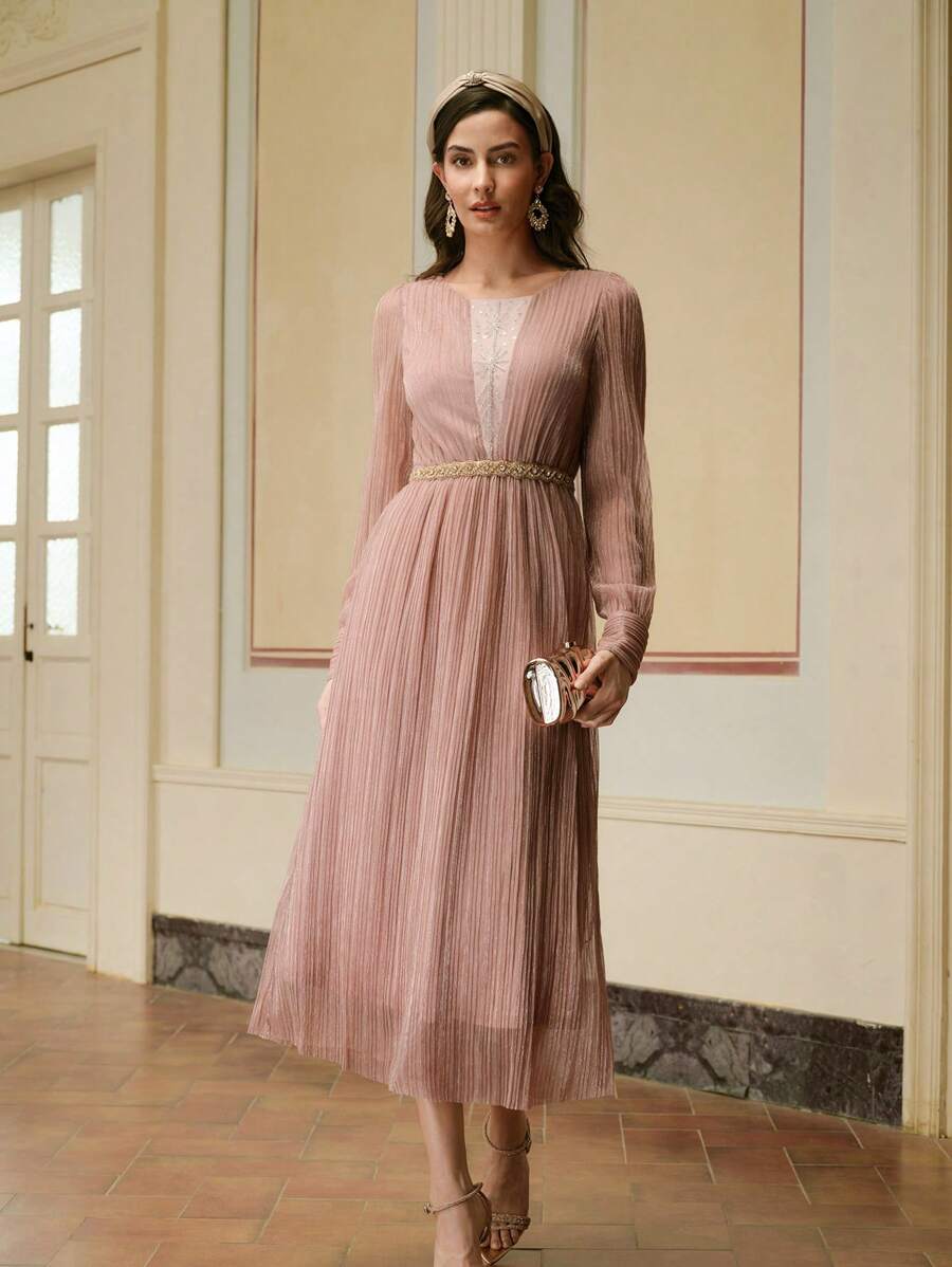 ZEYLAH Women's Long Sleeve Embellished Pleated Midi Dress Without Belt - Rust Brown - View 1