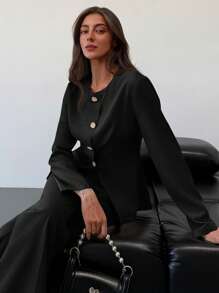 Aloruh 1 套女士办公室/通勤杏色修身长袖衬衫 + 及地直腿裤 - 黑色 - 查看 4