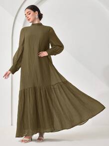 Veilorie Women's Solid Color Stand Collar Long Sleeve Ruffle Hem Elegant Dress Modest Dress - Brown - View 2