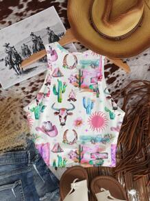 SHEIN EZwear 休闲简约波西米亚风节日彩色涂鸦印花紧身圆领女式背心适合夏季 - 白色 - 查看 2