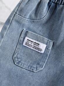 SHEIN 2 bucăți/Set Băiețel Copii Comozi și Casual Zilnic Drăguț Dinozaur Model Portocaliu Tricotat Top Tricou cu mâneci scurte și Set de pantaloni scurți din denim, Potrivit pentru anotimpurile de primăvară și vară, viața de zi cu zi, sport, campus, adunări, festivaluri, spectacole, fotografie, sezonul înapoi la școală