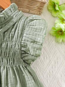 SHEIN Vintaside Kids 2 件套女婴可爱休闲波尔卡圆点荷叶边上衣和阔腿裤和包包套装，适合夏季、居家和户外 - 綠色 - 查看 4