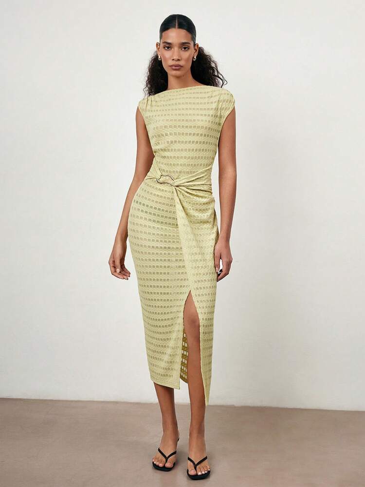 SHEIN Maija 2025 Spring/Summer New Casual Fashion Vacation Waffle Fitted Cinched Waist Comfortable Mid-Length Dress, Suitable For Music Festival, Beach Vacation, Casual, Romantic City Trip, Suitable For Outings, Gatherings, Weddings, Guests, Classic Style, Graduation Season