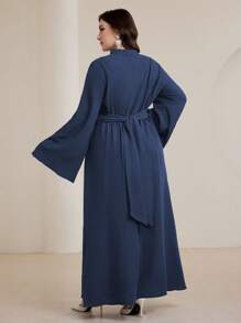Graceveil 大码女式喇叭袖褶饰阿拉伯风格连衣裙，端庄 - 霧霾藍 - 查看 2