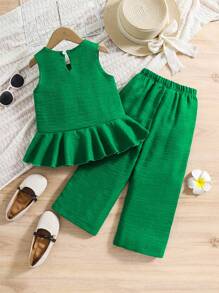 Set de 2 piezas con top sin mangas con volantes + pantalones anchos para niñas, outfit casual de vacaciones en la playa, a juego con hermana, azul - Verde - Ver 2