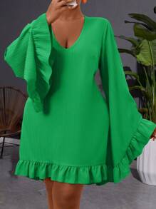 Maweii Đầm suông màu trơn cổ chữ V tay loe cỡ lớn cho nữ - màu xanh lá - Xem 4