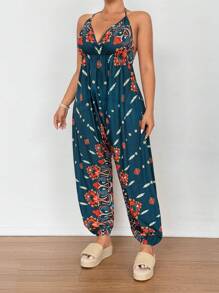 Sunnyshic Mono de talla grande con estampado vintage y espalda descubierta, estilo casual de vacaciones