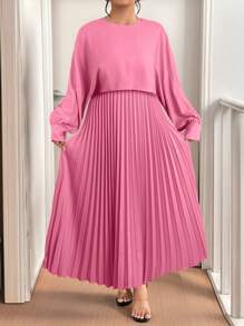 Celure Plus Size Women Elegant 2 In 1 Pleated Hem Long Dress