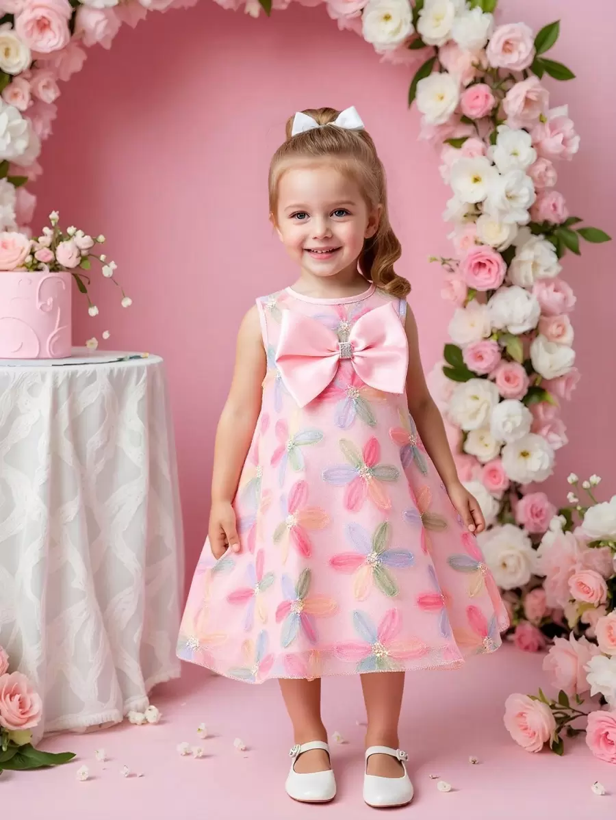 SHEIN Robe de fille à motif floral en maille avec grand nœud, style printanier/estival mignon et élégant, sans manches. Convient pour la mode vestimentaire quotidienne et les vacances des filles.