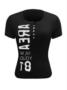 SHEIN EZwear 女士黑色字母纽扣短袖休闲短款 T 恤